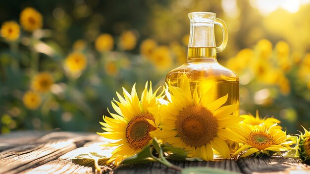 Rural still life sunflower oil in a glass bottle with sunflower flowers