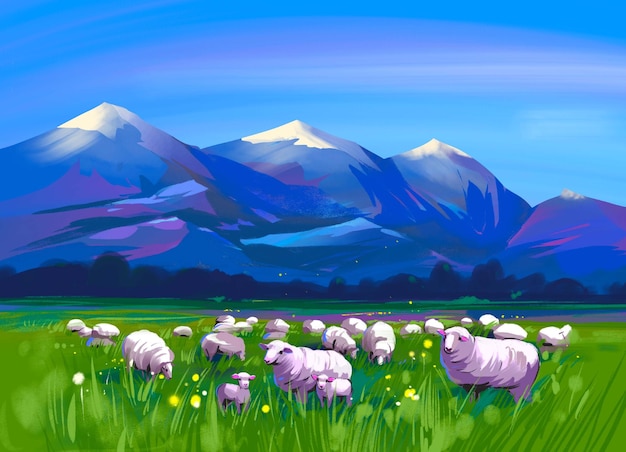 Rural summer landscape with sheep field and mountains hand drawing