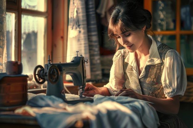 Photo rural woman sewing clothes with sewing machine at home