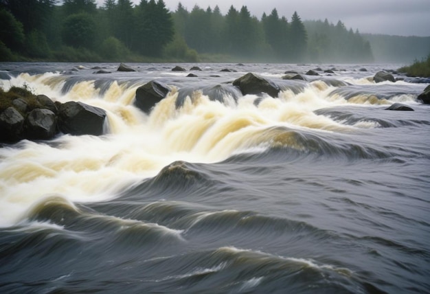 Photo rushing river with tumbling rocks capturing the dynamic motion and natural flow of water