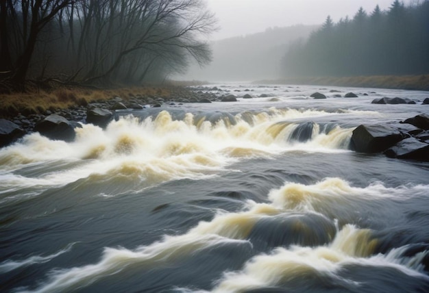 Photo rushing river with tumbling rocks capturing the dynamic motion and natural flow of water