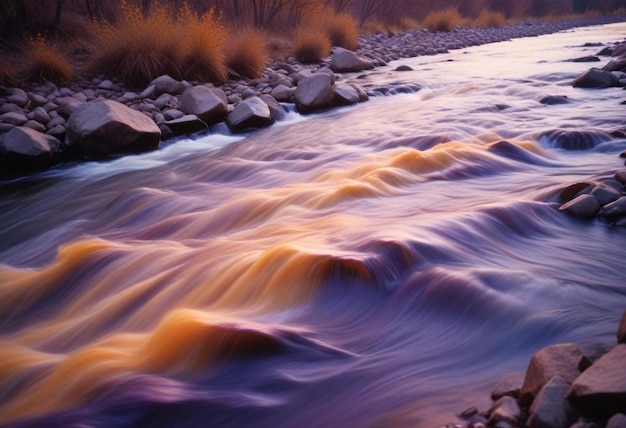 Rushing River with Tumbling Rocks Capturing the Dynamic Motion and Natural Flow of Water