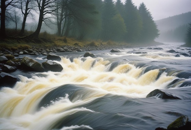 Photo rushing river with tumbling rocks capturing the dynamic motion and natural flow of water