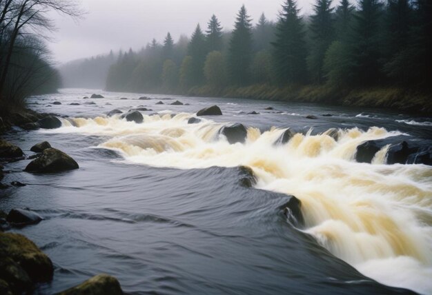 Rushing River with Tumbling Rocks Capturing the Dynamic Motion and Natural Flow of Water