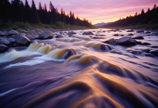 Rushing River with Tumbling Rocks Capturing the Dynamic Motion and Natural Flow of Water