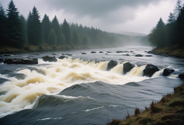 Photo rushing river with tumbling rocks capturing the dynamic motion and natural flow of water