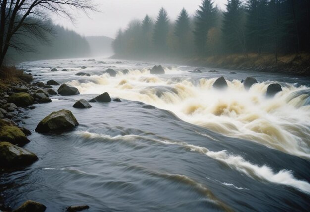 Photo rushing river with tumbling rocks capturing the dynamic motion and natural flow of water