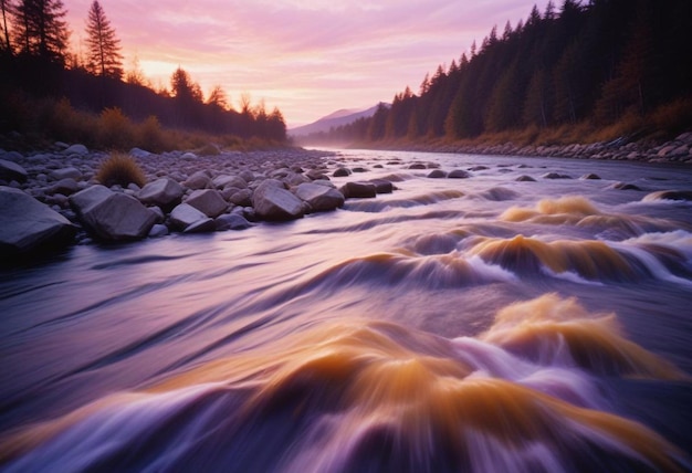 Rushing River with Tumbling Rocks Capturing the Dynamic Motion and Natural Flow of Water