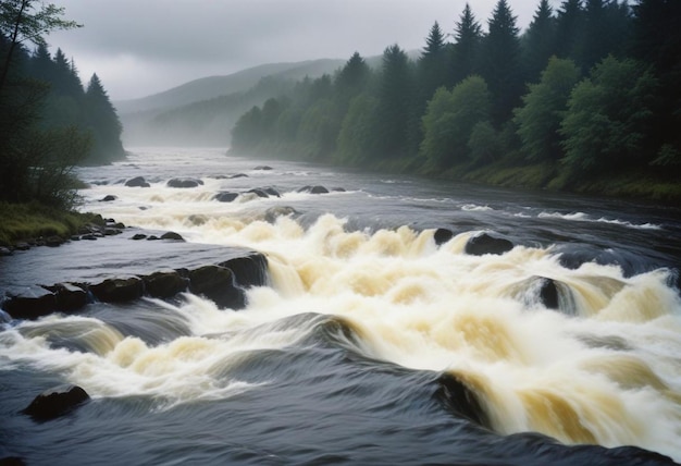 Photo rushing river with tumbling rocks capturing the dynamic motion and natural flow of water