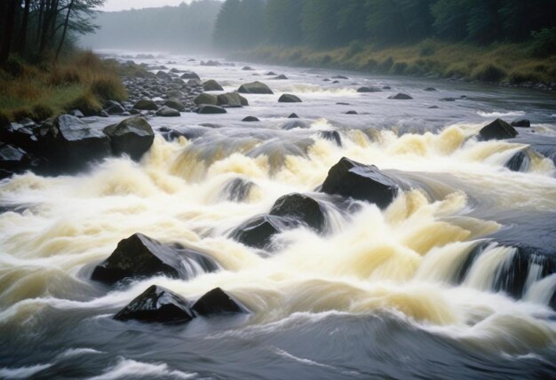 Photo rushing river with tumbling rocks capturing the dynamic motion and natural flow of water