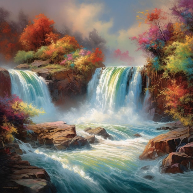 rushing waterfall in a tranquil forest detailed with watercolor techniques