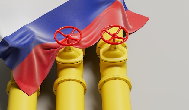 Russia flag covering an oil and gas fuel pipe line Oil industry concept 3D Rendering