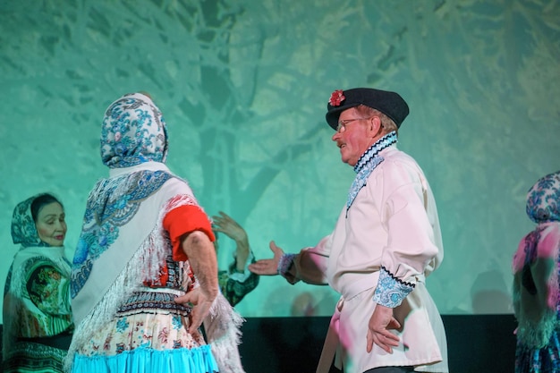 Russia, Gatchina, October 14, 2022 Pensioners perform folk dances at the festival