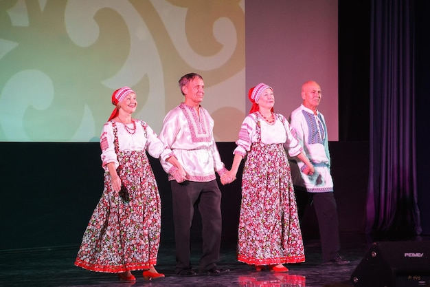 Russia, Gatchina, October 14, 2022 Pensioners perform Russian folk dances at the festival