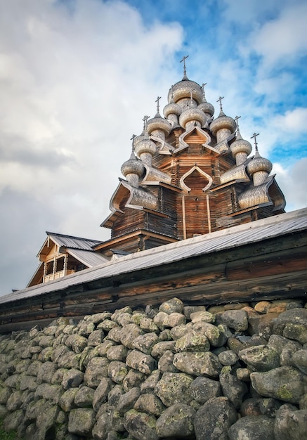 Russia Kizhi Pogost the Russian Northern village on the island in summer Sunny day Church of the virgin Mary and the Church of the Transfiguration