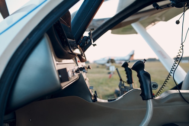 RUSSIA, MOSCOW - AUGUST 1, 2020: Cockpit view from small private single motor airplane.