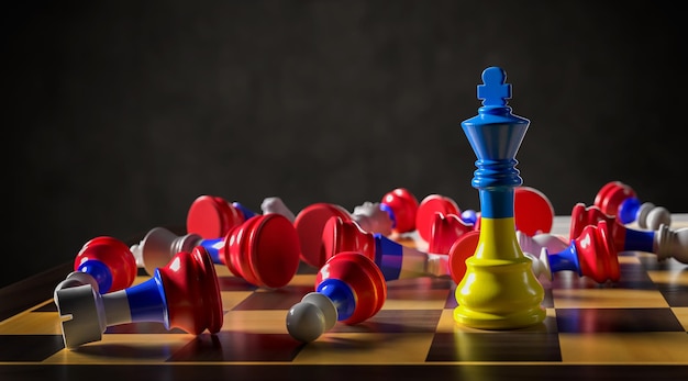 Russia's aggression against Ukraine Chess in the colors of flags 3D rendering illustration