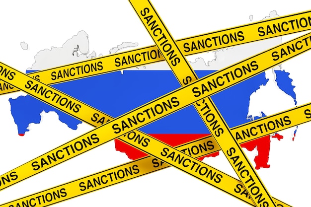 Russia Sanctions Concept. Yellow Tape with Sanctions Sign Against of Russia Map with Flag on a white background. 3d Rendering