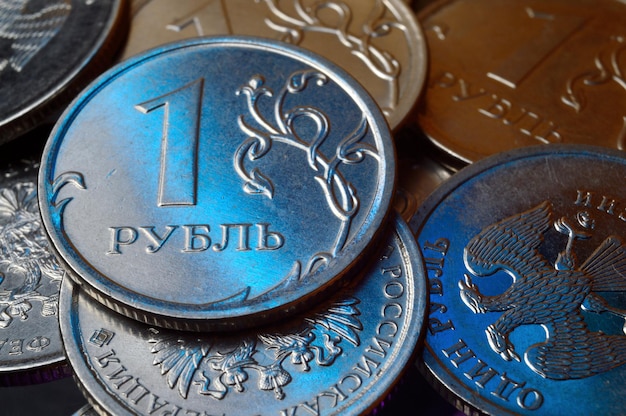 Russian 1 ruble coin is highlighted in blue. close-up.