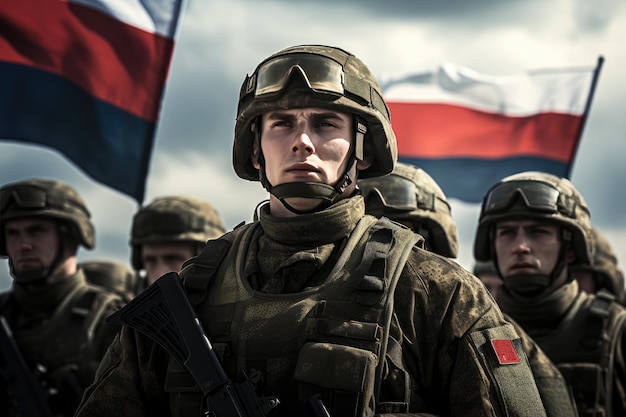 Russian Army soldier with flag Soldiers of the Russian army with the flag of Russia in the background Ai generated