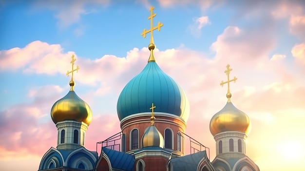 Russian Christian Orthodox church with domes and a cross against the sky Generative Ai