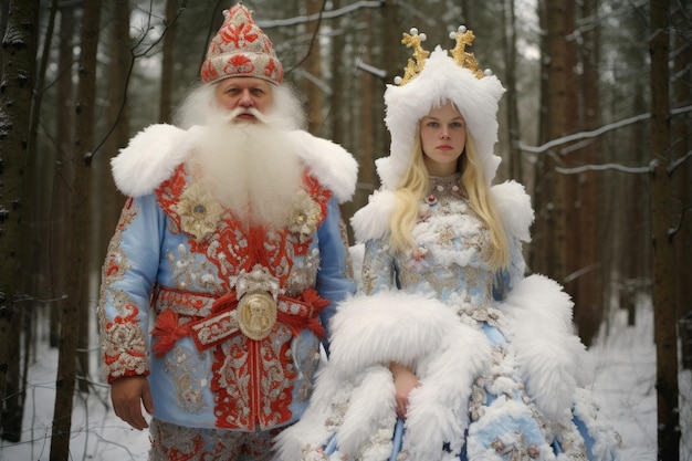 Russian Ded Moroz and Russian Snow Maiden in the winter forest