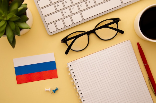 Russian flag and studying objects