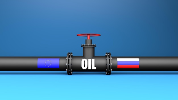 Russian gas oil industry 3d oil pipeline to European Union on blue background Oil sanctions