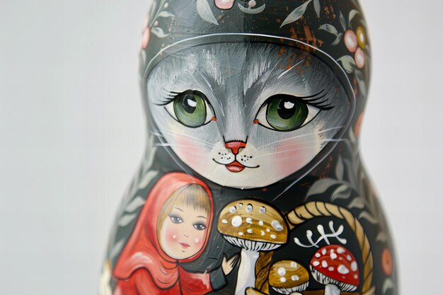 Photo the russian matryoshka doll has three layers the top one is a gray cat with green eyes and pink nose