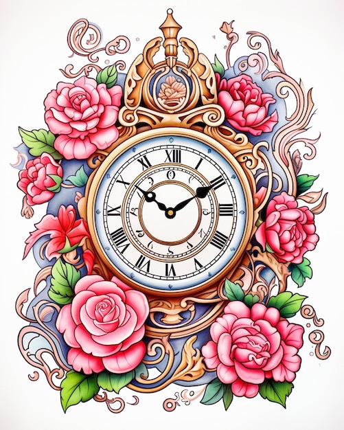 Russian Old Clock Coloring Page with Rose