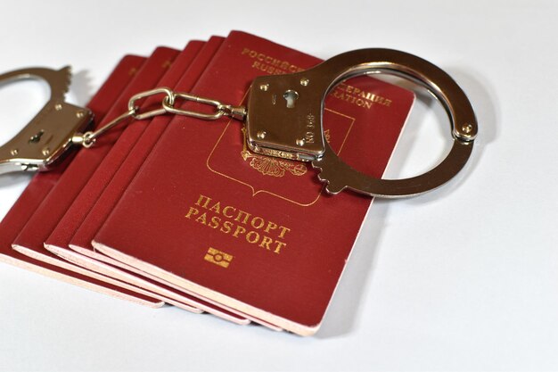 Russian passport and handcuffs on white background prohibition of Russian citizens on entry and exit passport lock