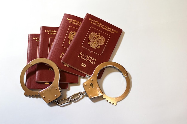 Russian passport and handcuffs on white background prohibition of Russian citizens entry and exit passport lock