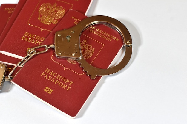 Russian passport and handcuffs on white background prohibition of Russian citizens on entry and exit passport lock