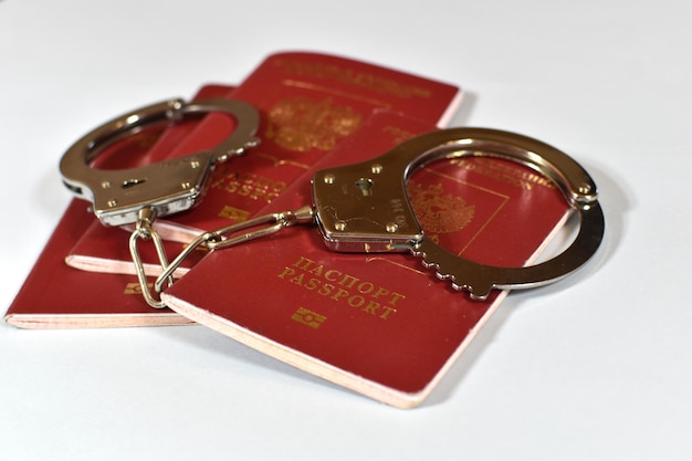 Russian passport and handcuffs on white background prohibition of Russian citizens on entry and exit passport lock