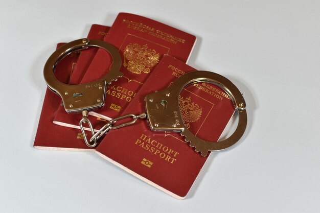 Russian passport and handcuffs on white background prohibition of Russian citizens on entry and exit passport lock