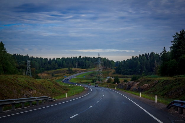 Russian roads in Karelia. Travel by road. Asphalt road. Smooth road