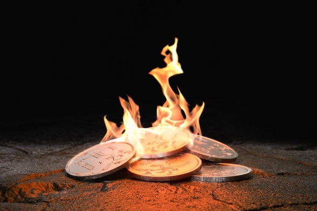 Russian Ruble coins burning on black background Concept loss of value and inflation 3d render