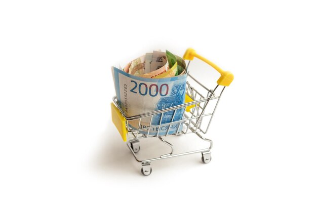 Russian ruble Shopping basket with different bills isolated Finance concept