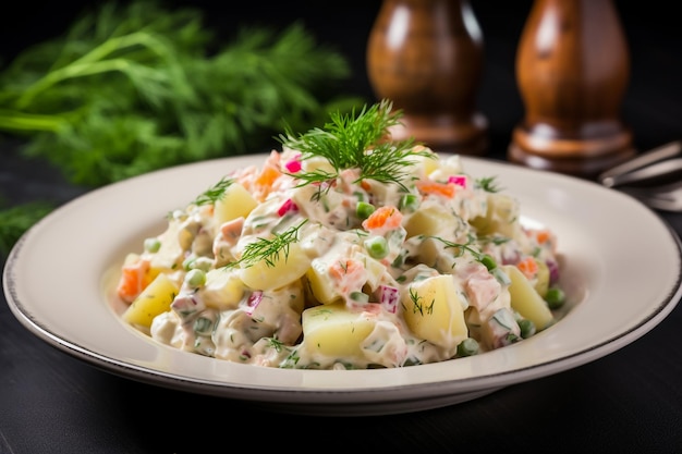 Russian salad Olivier with mayonnaise and egg served Turkish name Rus salatasi