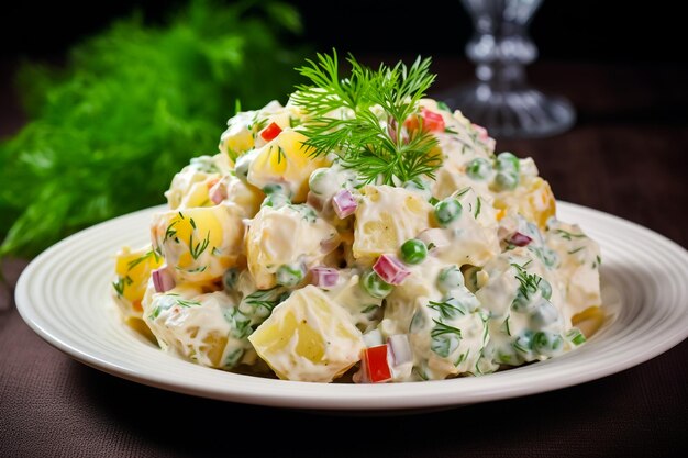 Russian salad Olivier with mayonnaise and egg served Turkish name Rus salatasi