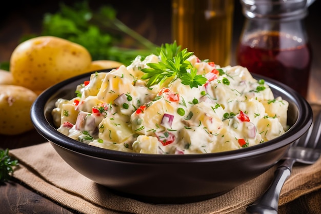 Russian salad Olivier with mayonnaise and egg served Turkish name Rus salatasi