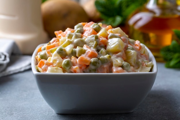 Russian salad Olivier with mayonnaise and egg served (Turkish name; Rus salatasi)