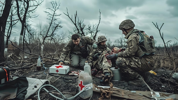 Russian Soldier Receiving Medical Assistance on Donbas Battleground with Surroundings