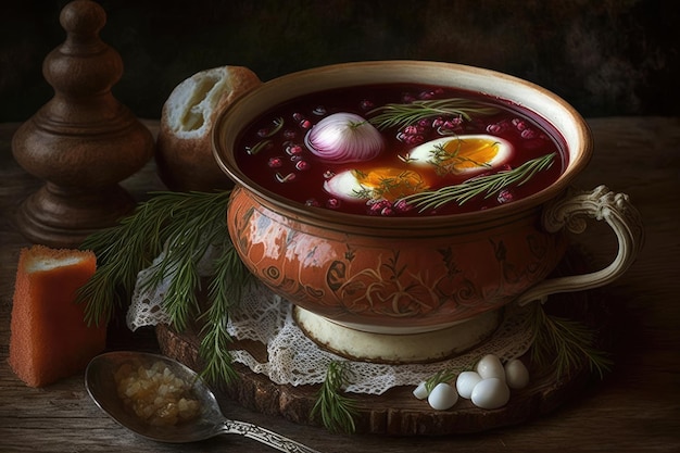 A russian soup with eggs and herbs