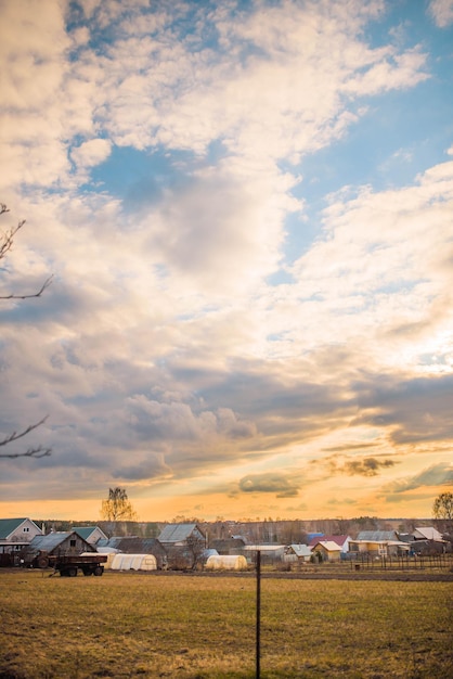 russian village landscape at sunset