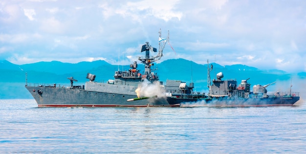 Russian warship going along the coast of Pacific ocean.