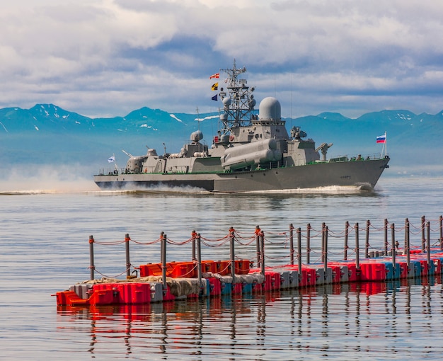 Russian warship going along the coast 