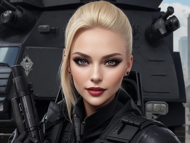 Russians blonde model black swat outfit hair