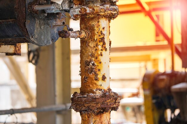 Rust damage paint and corrosion flange and bolt nut on pipeline drain industrial.