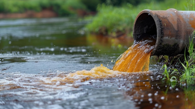 Rustcolored effluent discharging from a pipe into a river polluting the water